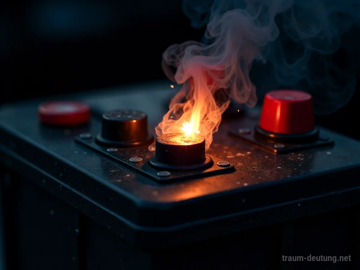 Überhitzte Batterie mit Rauch und Funken im Dunkeln