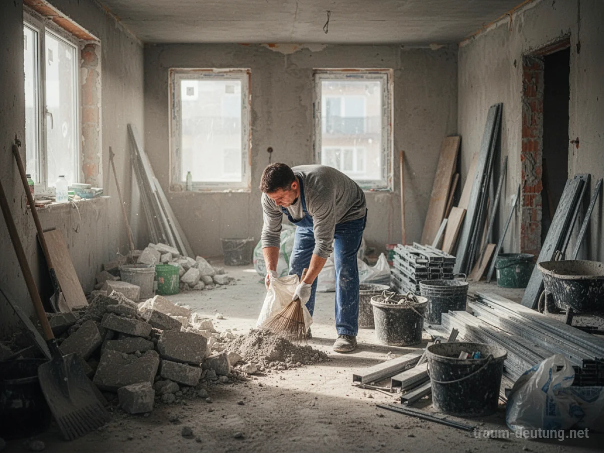 Eine Person räumt eine Baustelle auf und sortiert Materialien.