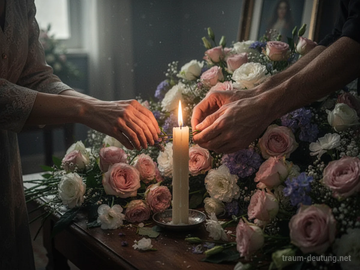 Vorbereitung einer Beerdigung mit Blumen und Kerzen