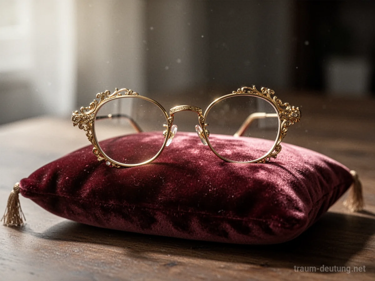 Eine auf einem Samtkissen liegende Brille aus glänzendem Gold.