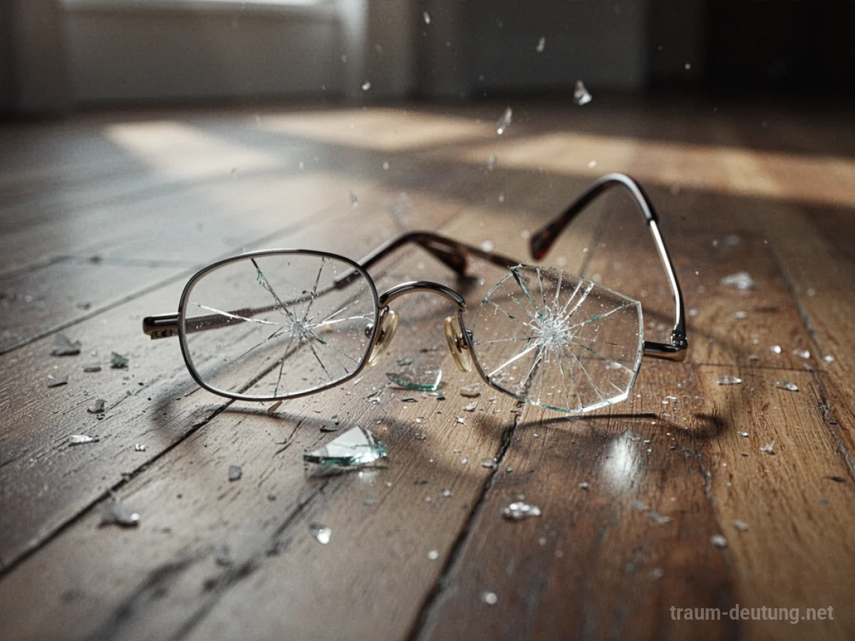Zerbrochene Brille mit gesprungenem Glas und verbogenem Gestell auf Holzboden.
