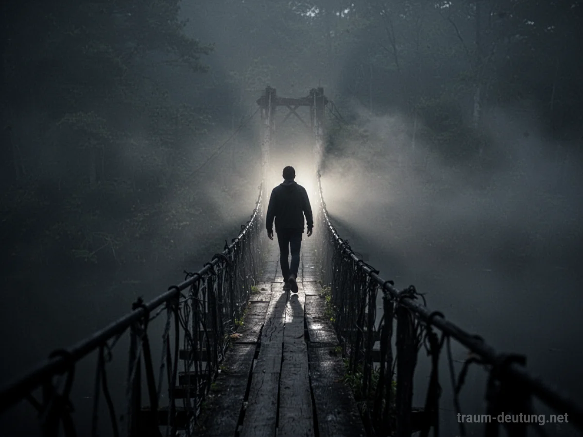 Silhouetten einer Person überquert eine dunkle Brücke in nebliger Nacht