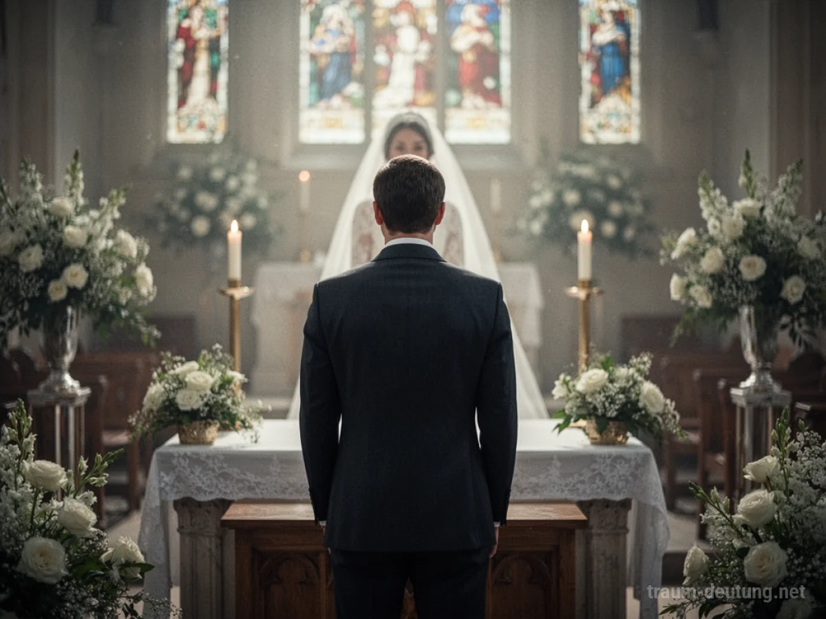 Eine Person am Altar, blickt auf eine schemenhafte Braut in der Ferne.