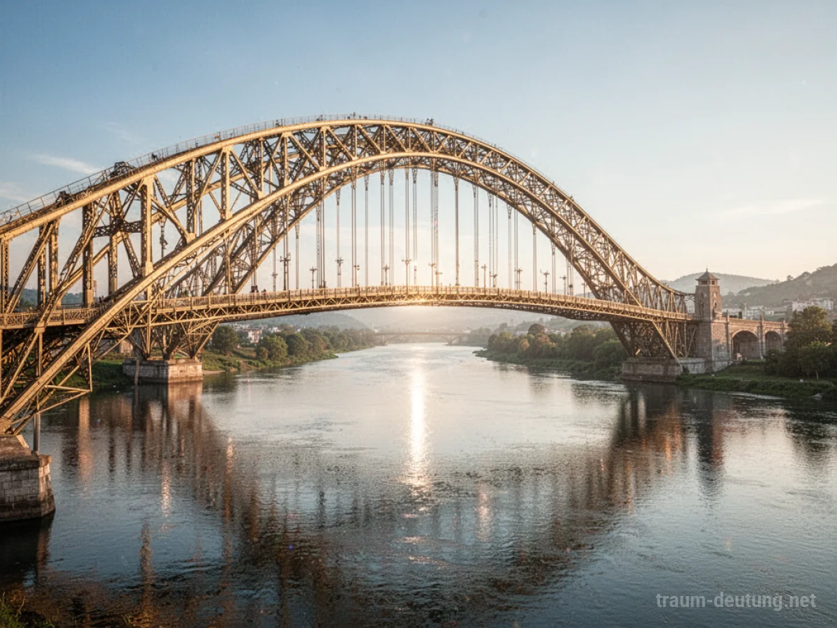 Eine strahlend goldene Brücke führt über einen Fluss zu einer hellen Landschaft.