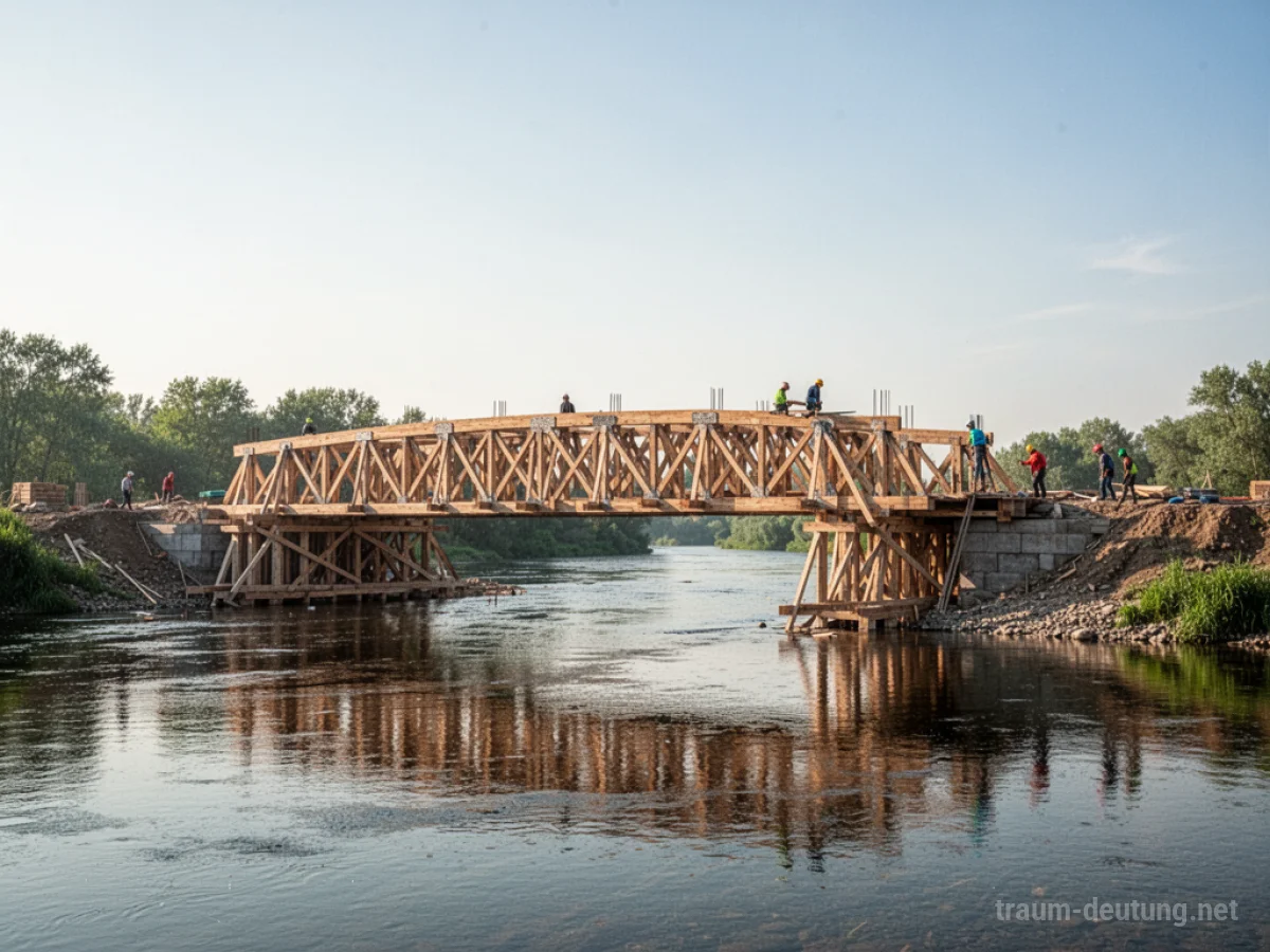 Eine neu gebaute Holzbrücke spannt sich über einen Fluss, Bauarbeiter sind im Hintergrund zu sehen.