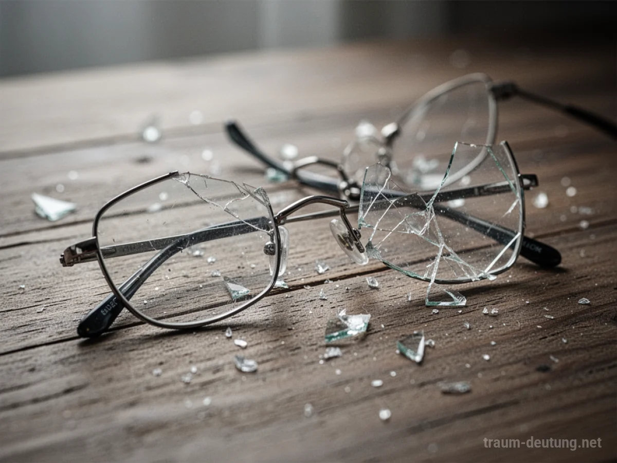 Zerbrochene Brille liegt auf einem Holztisch.
