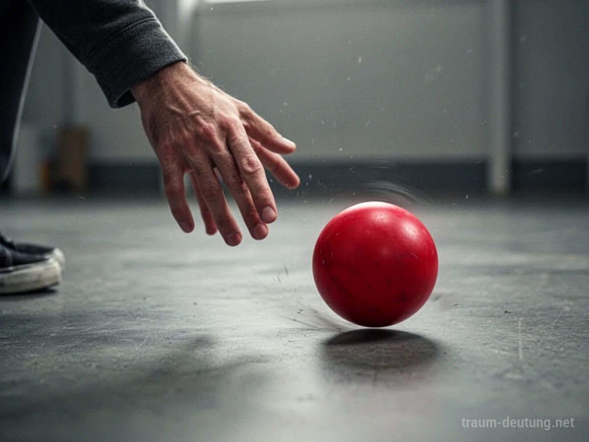 Ein roter Ball rollt auf einem grauen Boden davon, die Hand versucht ihn zu greifen.