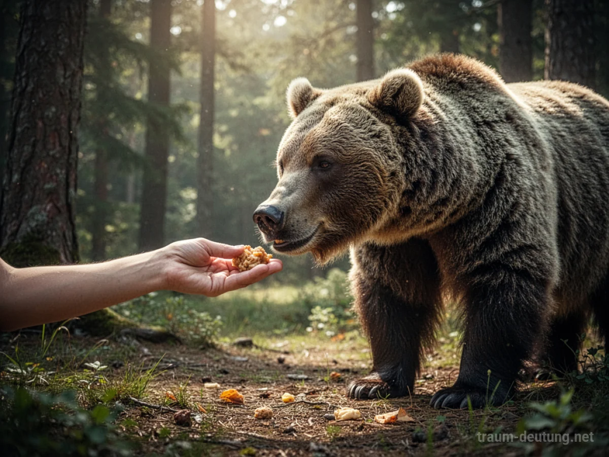 Hand reicht einem ruhigen Bären Futter im Wald