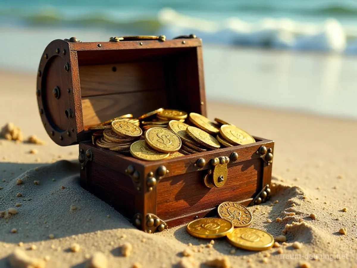 Ein antiker Holzbehälter voller Goldmünzen und Juwelen am Strand.