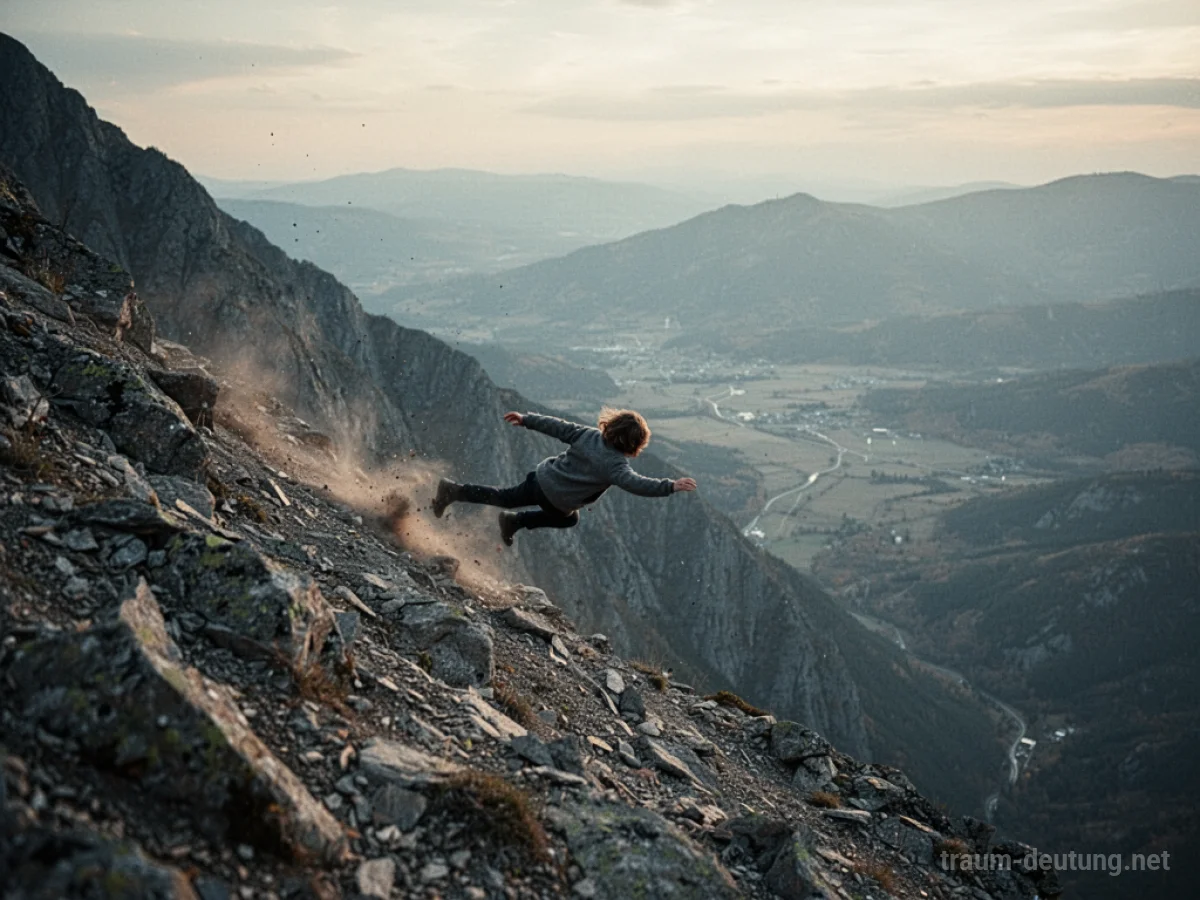 Figur fällt einen steilen, felsigen Berg hinunter in eine weite Landschaft.