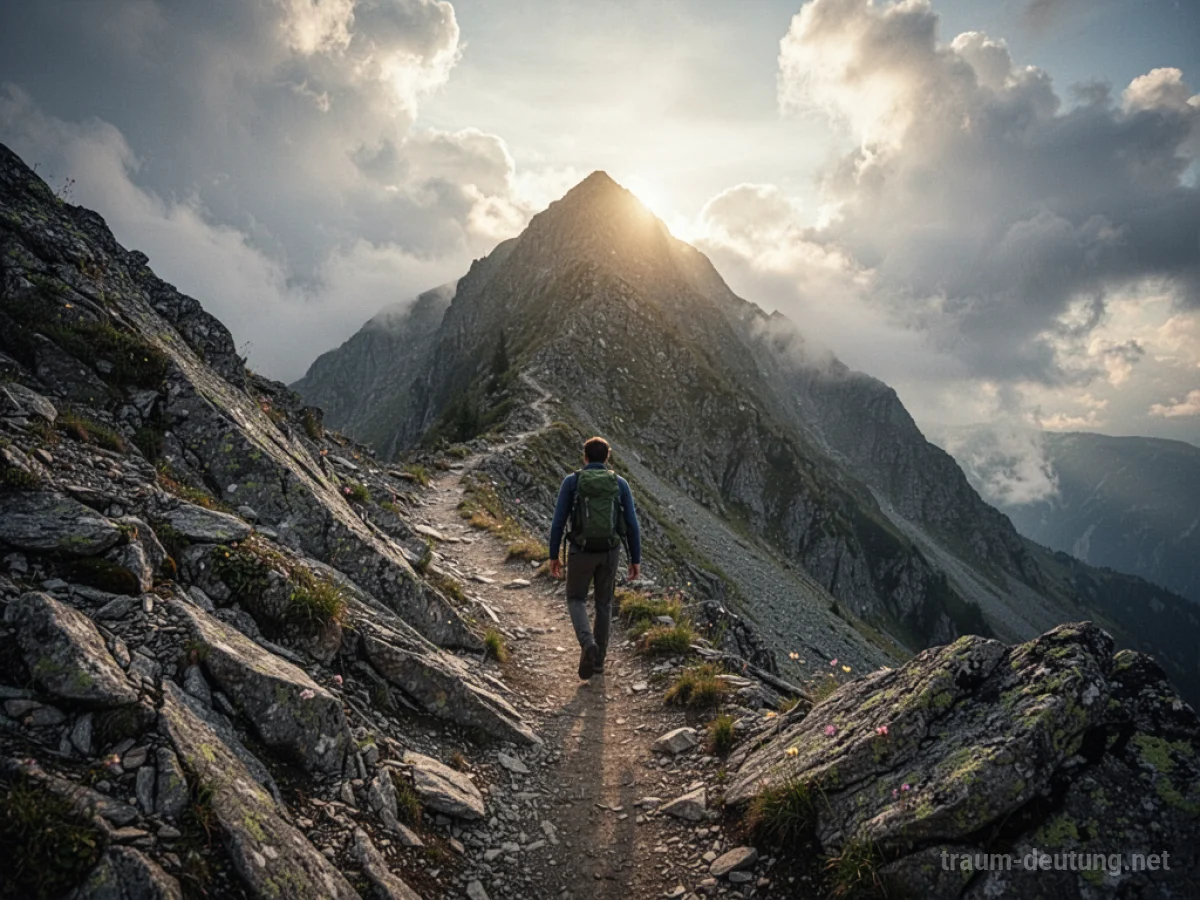 Eine Person klettert einen steilen Bergpfad empor, die Sonne scheint am Gipfel.