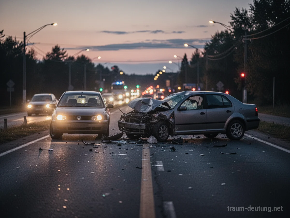 Ein Auto nach einem Unfall auf einer Straße bei Dämmerung, mit Umrissen von umstehenden Fahrzeugen.