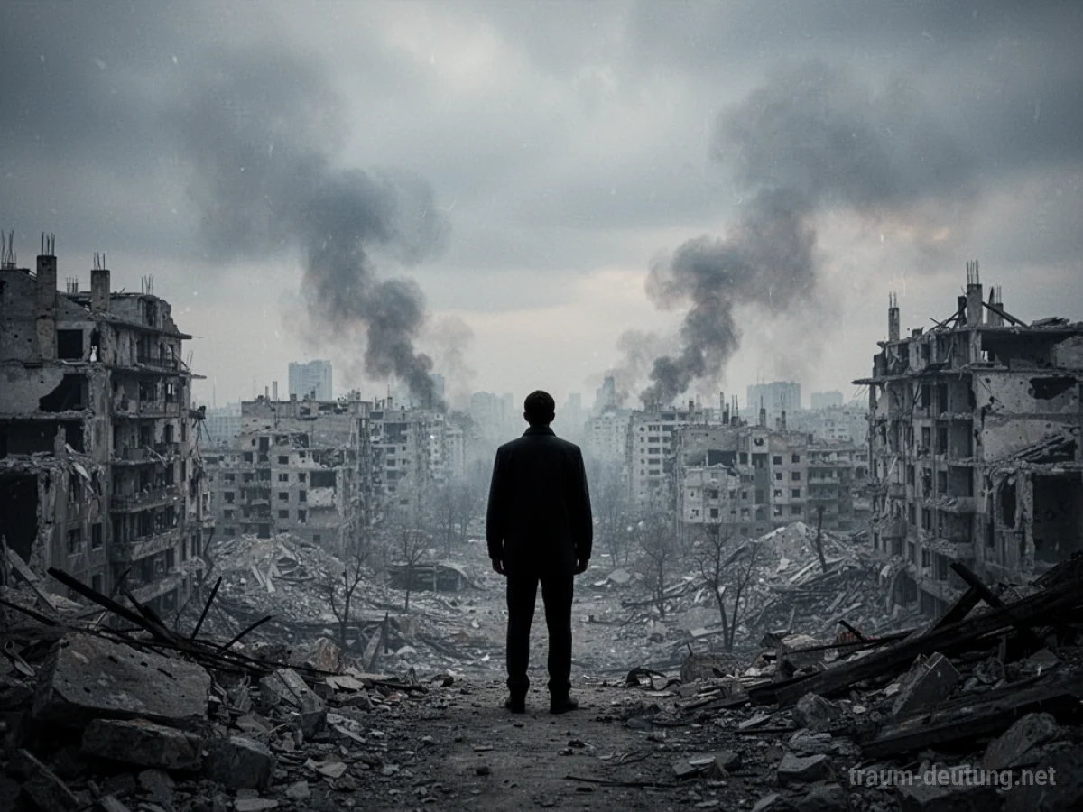 Ein einzelner Mensch steht vor einer zerstörten Stadtlandschaft nach einem Bombenangriff.