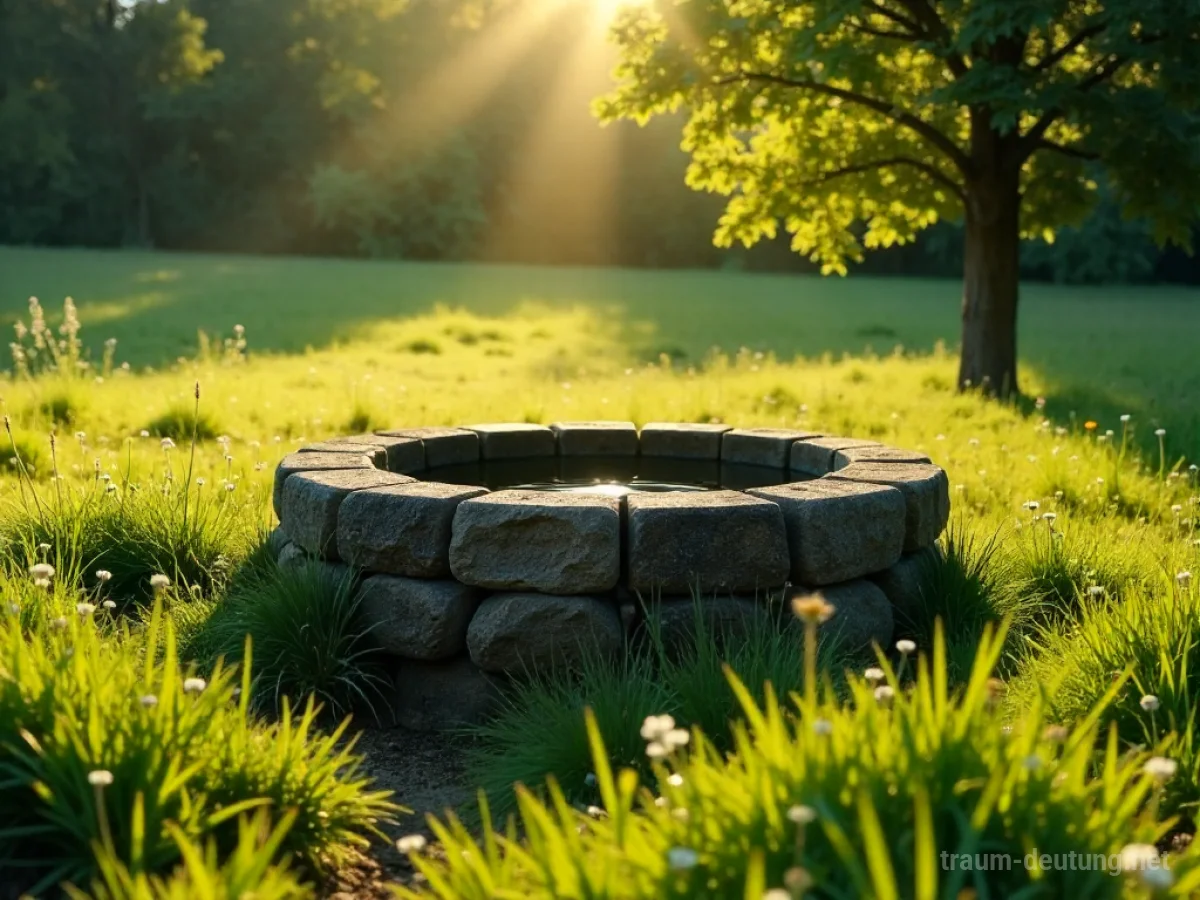 Ein alter Steinbrunnen in einer ruhigen Wiese mit klarem Wasser.