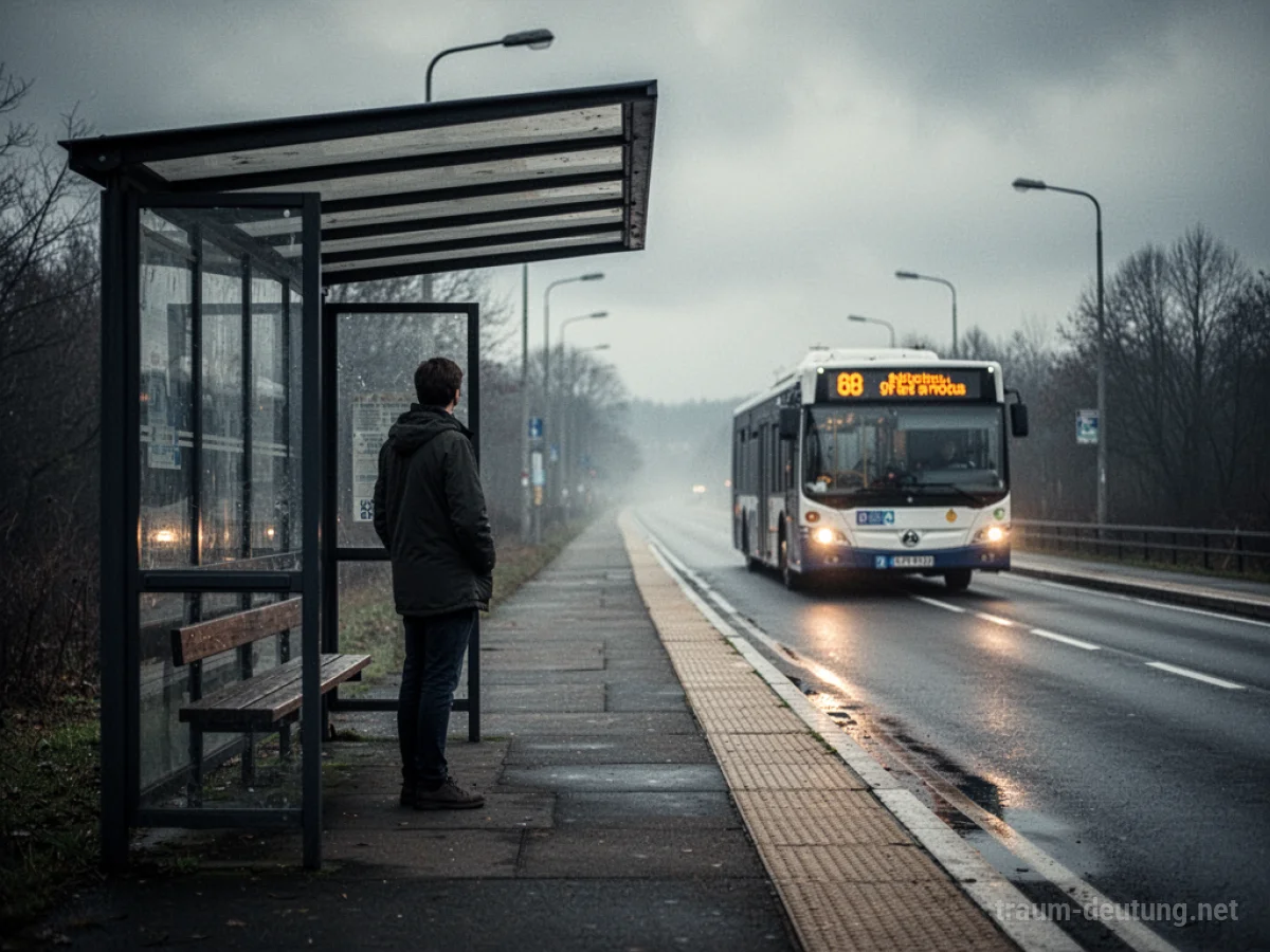 Eine Person steht allein an einer Bushaltestelle und sieht zu, wie der Bus wegfährt.
