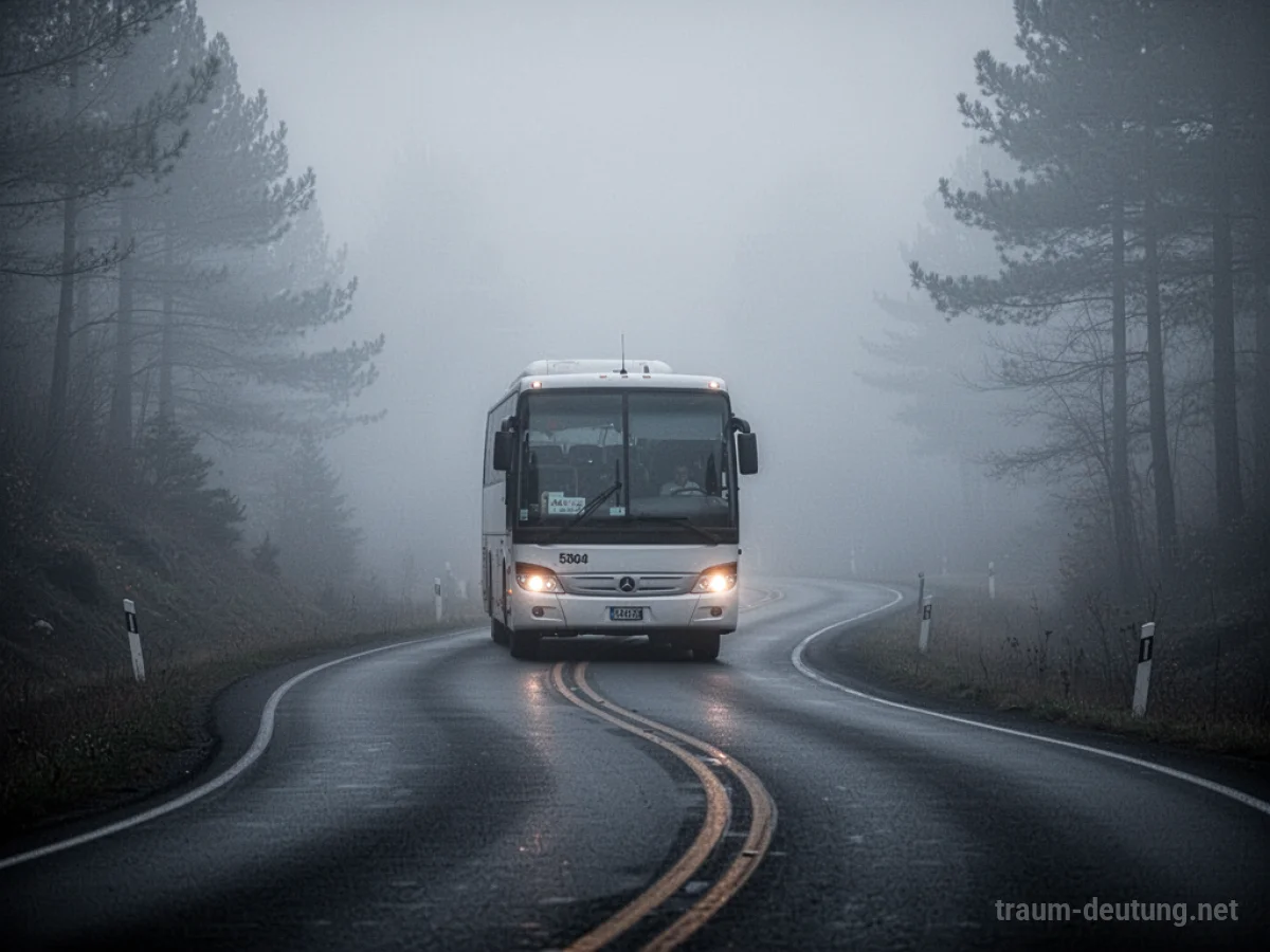 Ein Bus auf einer nebligen Straße, aus der Ferne betrachtet.