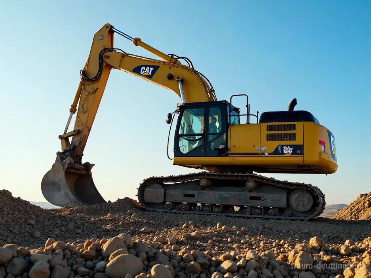 Ein großer gelber Bagger auf einer Baustelle unter blauem Himmel.