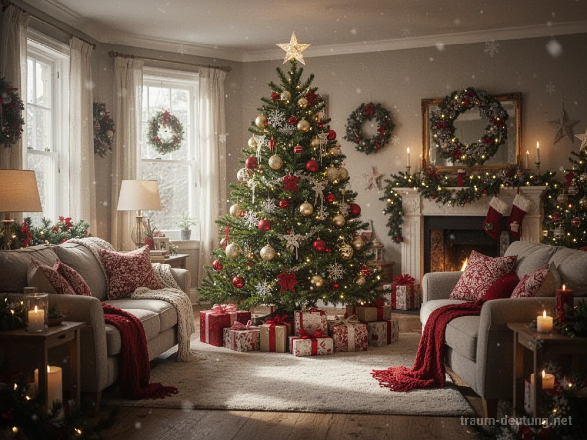 Ein festlich geschmückter Weihnachtsbaum in einem gemütlichen Wohnzimmer.