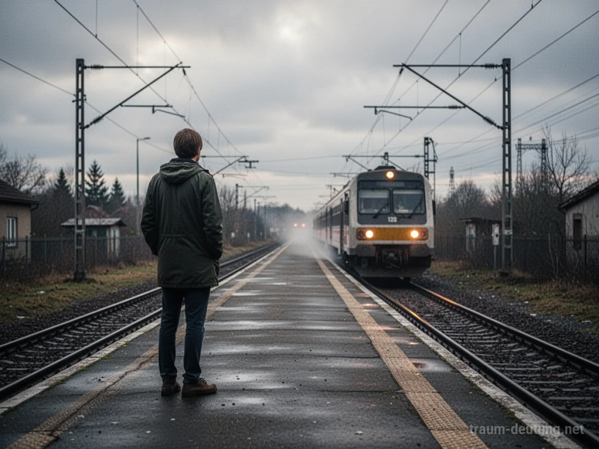 Gestalt auf Bahnsteig sieht davonfahrenden Zug