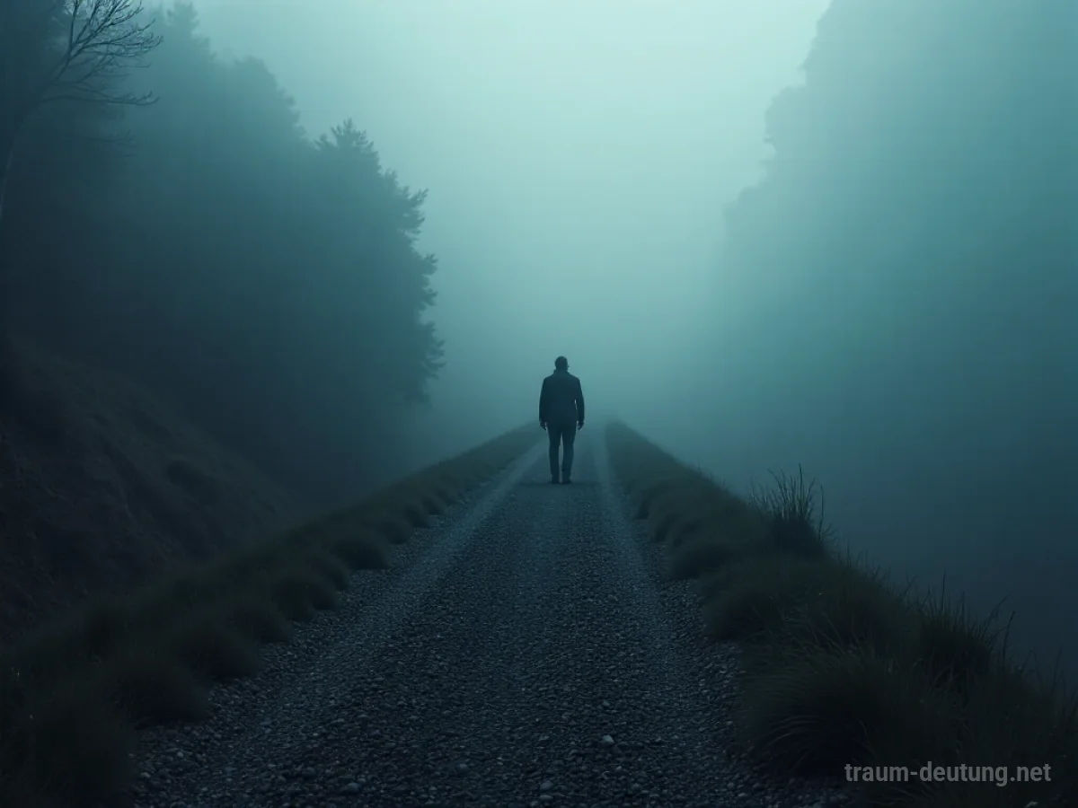 Eine Person geht einen steilen, endlosen Weg bergab in dichten Nebel.