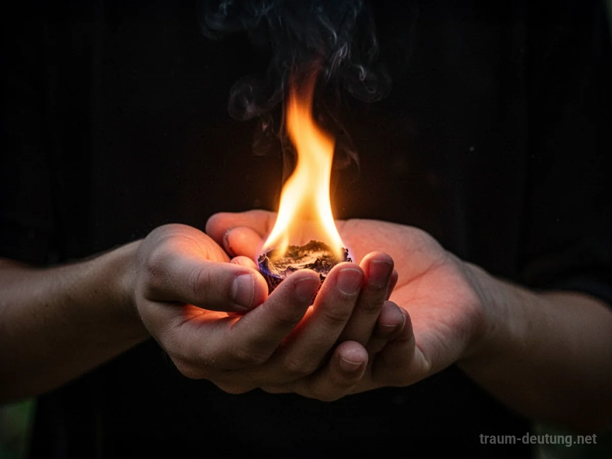 Hand hält eine kleine, warme Flamme