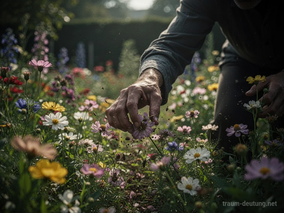 Schattenhafte Figur zerstört Blumen im Garten