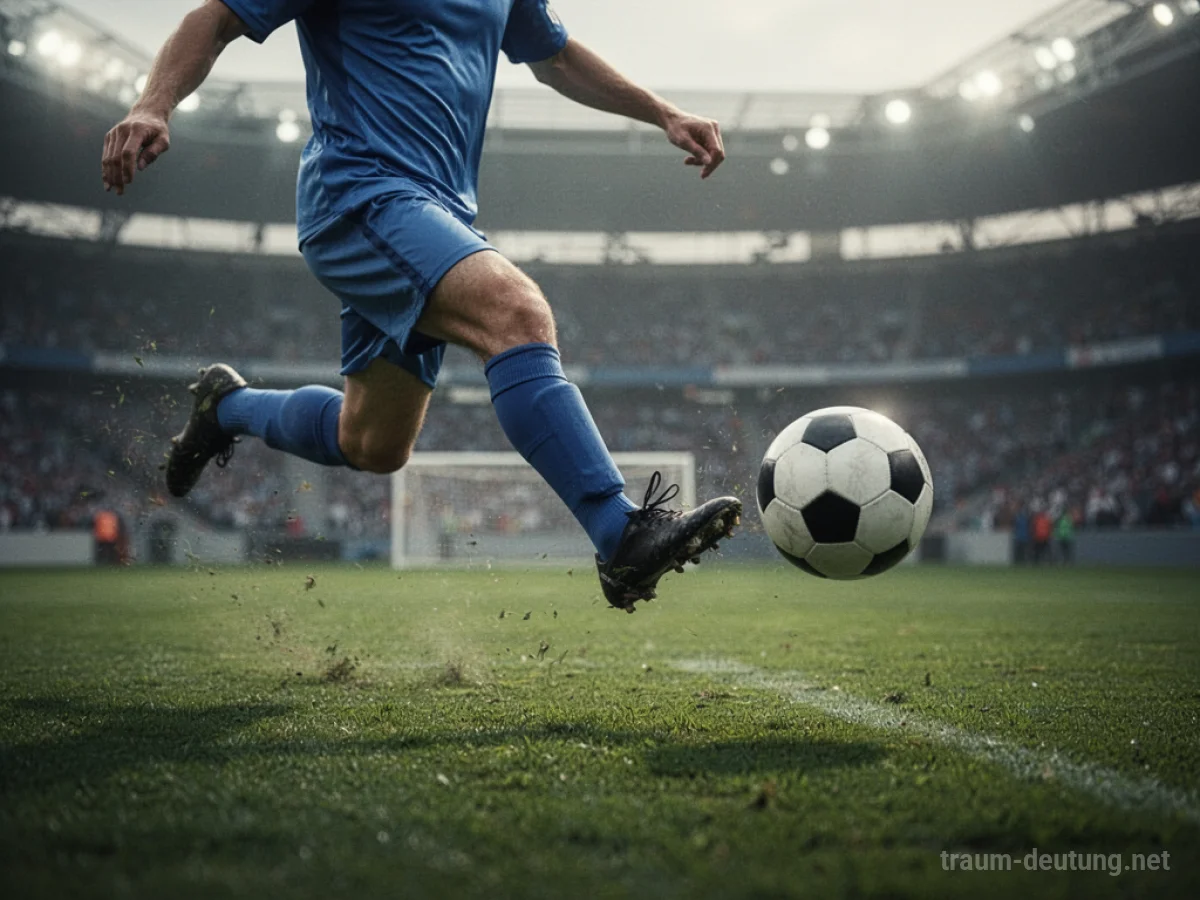 Fußballspieler tritt gegen einen Ball auf einem grünen Feld.
