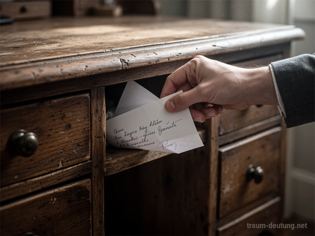 Hand versteckt einen Brief in einer Schreibtischritze