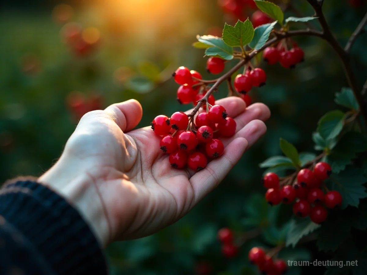 Hand greift nach roten Beeren an einem Strauch, einige mit dunklem Schatten.