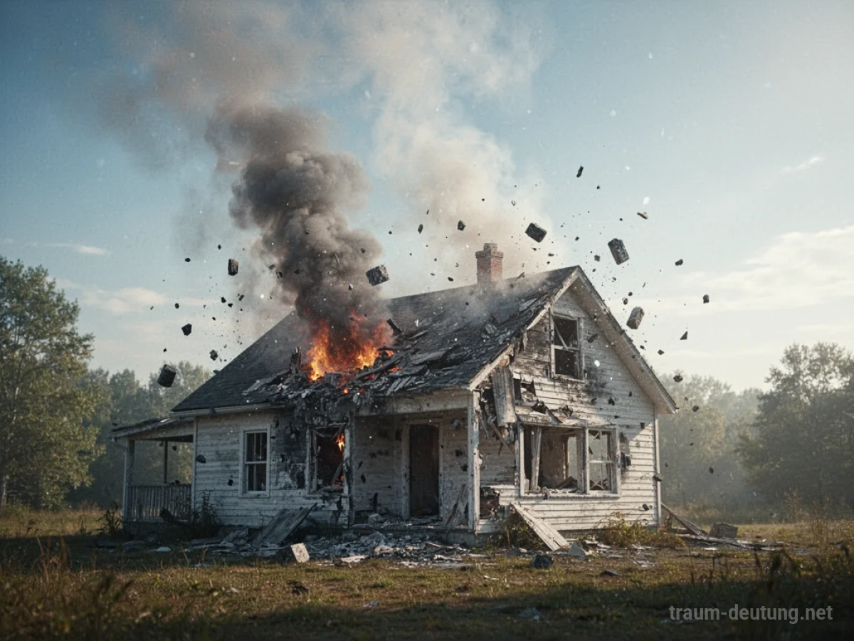 Explodierendes Haus mit Rauch, darüber ein heller Himmel