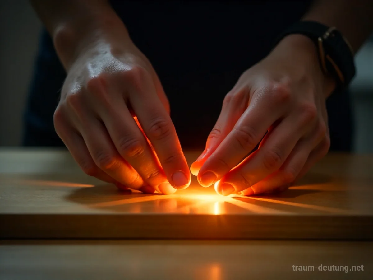 Hände biegen ein Stück Holz über einer Lichtquelle.