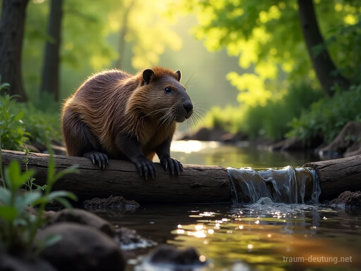 Ein Biber baut mit Holz und Schlamm einen Damm in einer natürlichen Flusslandschaft.