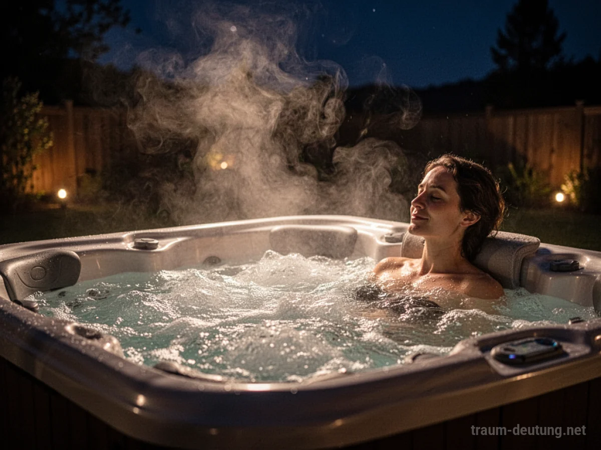 Eine Person entspannt in einem dampfenden Whirlpool bei Nacht.