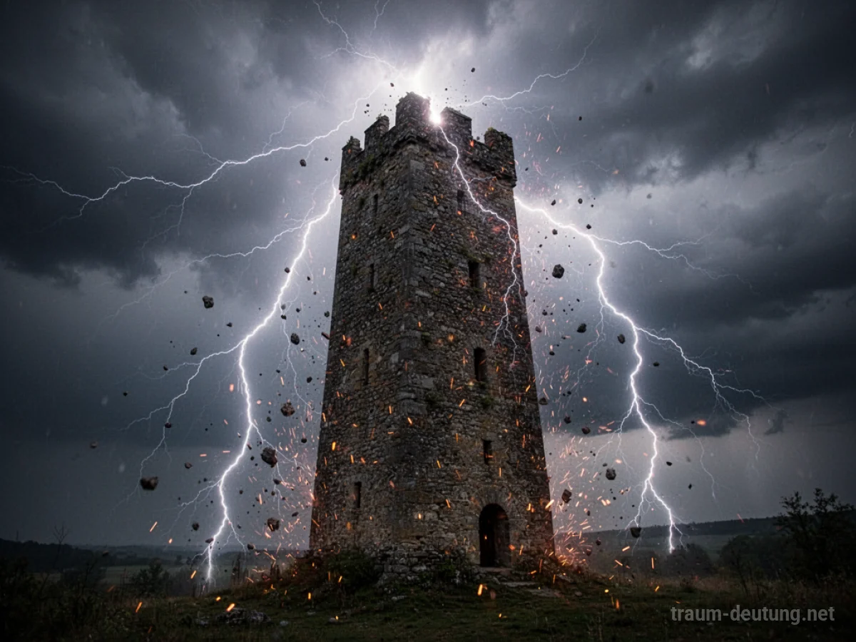 Ein Blitz schlägt in einen hohen Steinturm während eines Sturms ein.