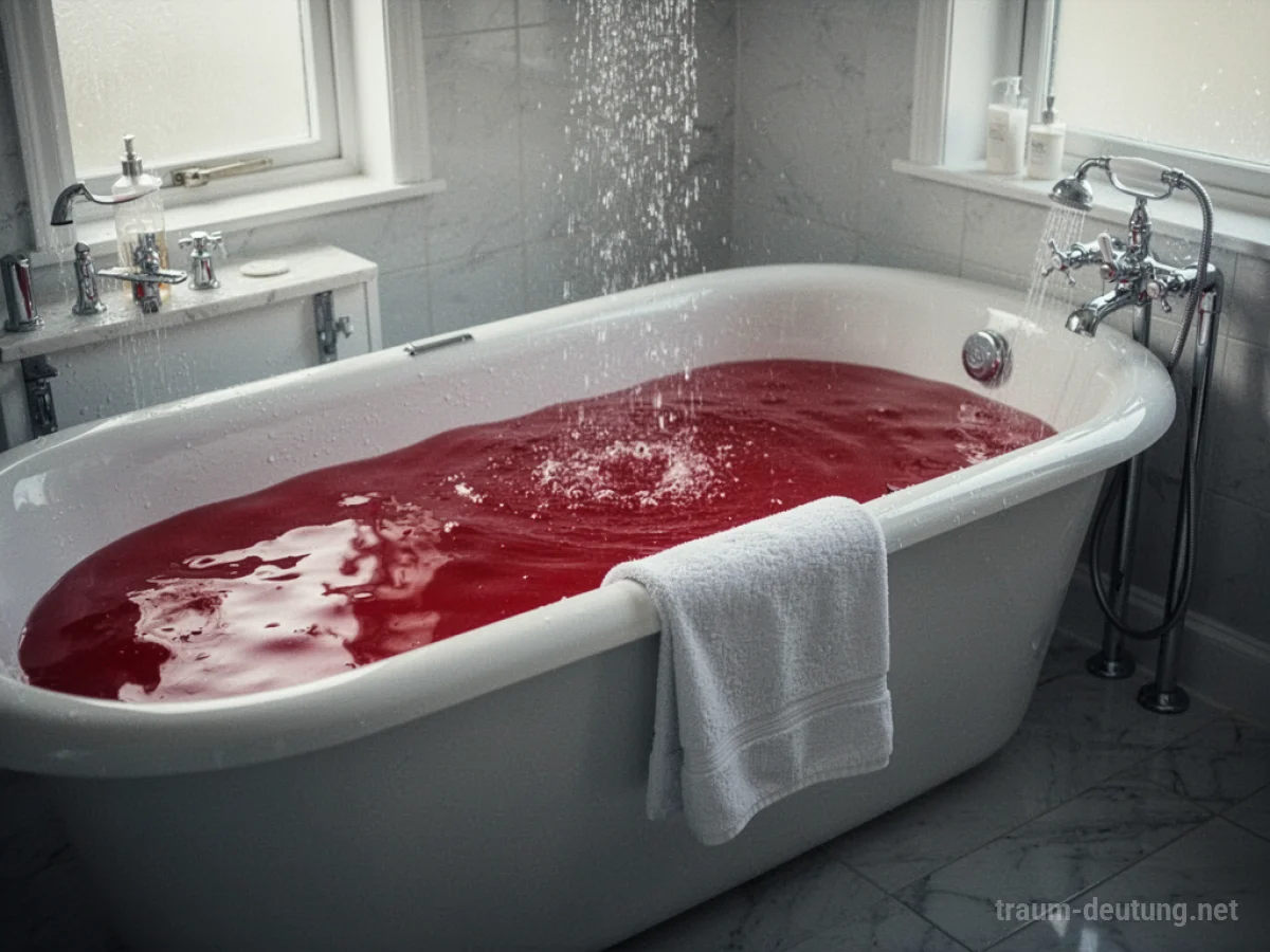 Ein Badezimmer mit rot gefärbtem Badewasser.