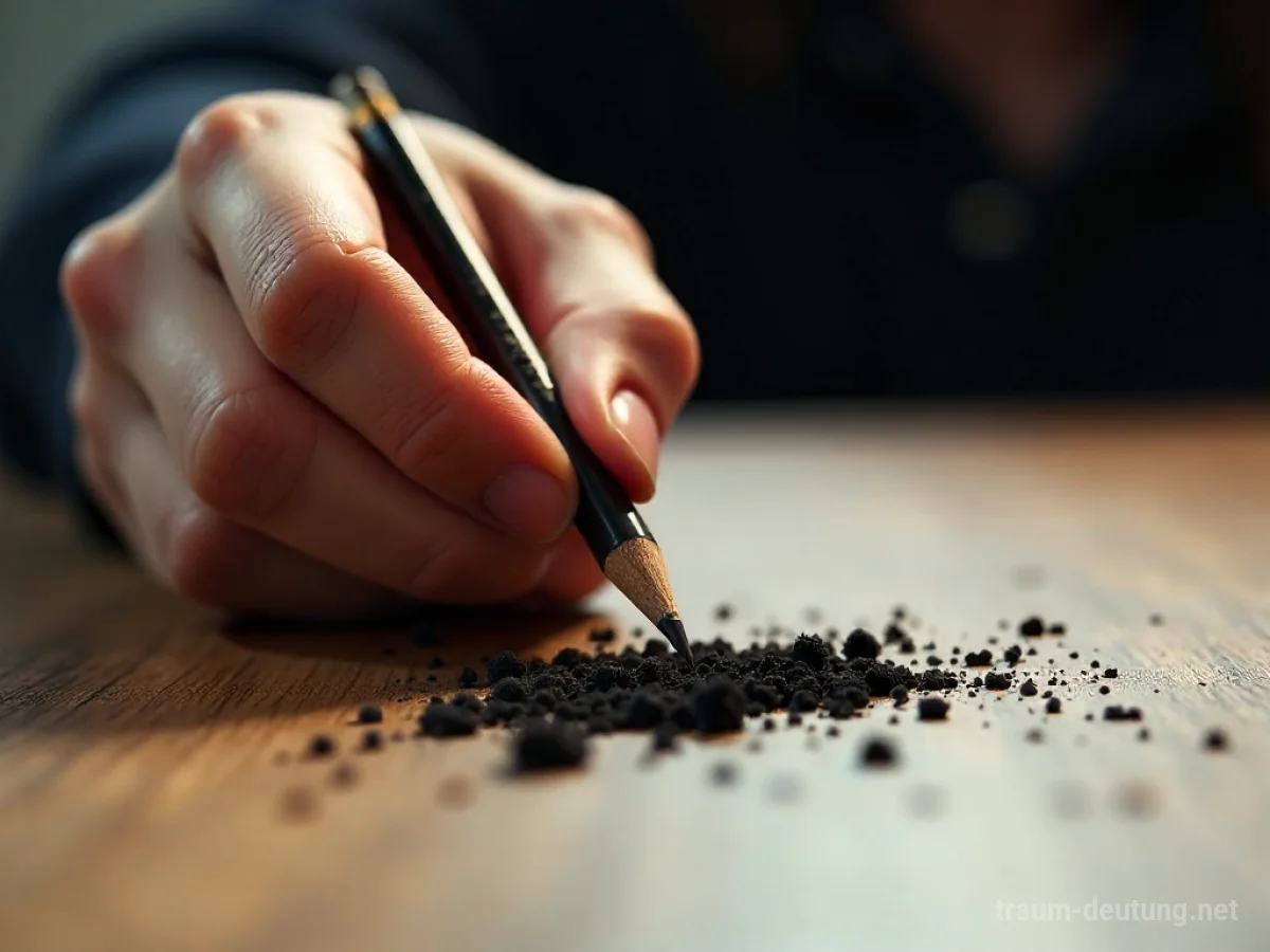 Hand hält Bleistift, der immer wieder abbricht, über einem Schreibtisch