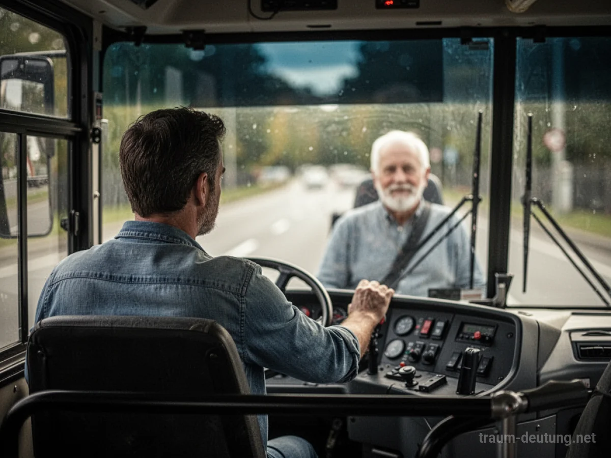 Mann am Steuer eines Busses, im Spiegelbild des Fahrers ist das Gesicht des Vaters erkennbar.