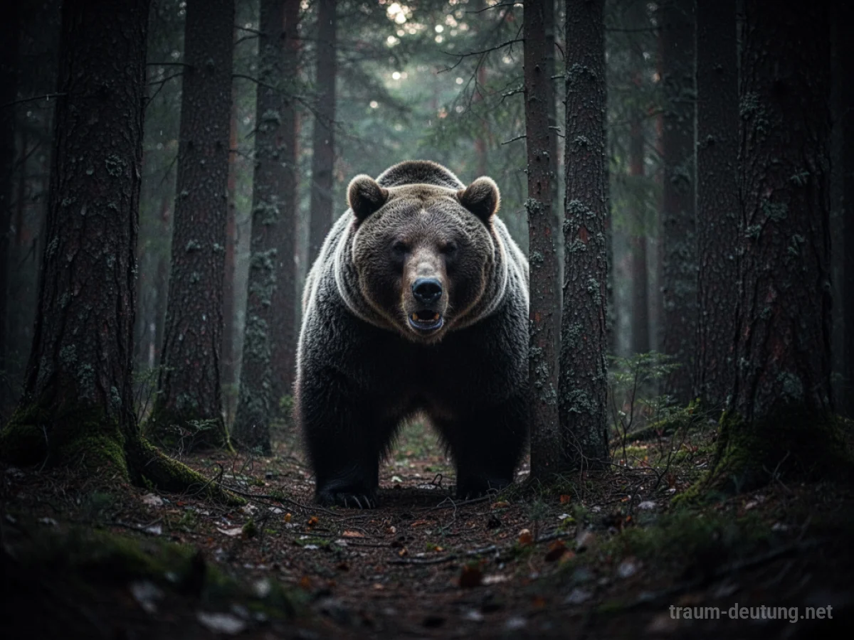 Ein Bär steht bedrohlich in einem dunklen Wald.