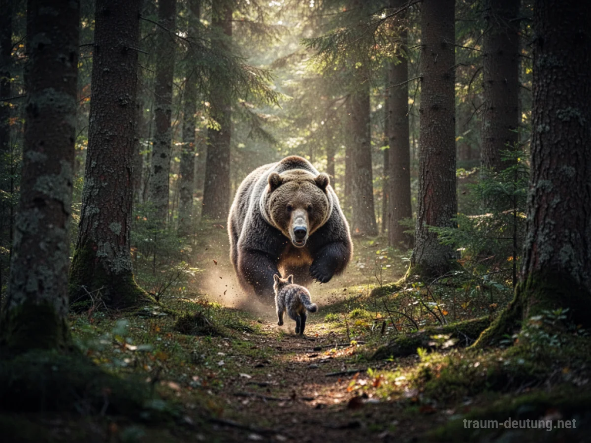 Ein großer Bär jagt ein kleineres Tier durch einen dichten Wald.