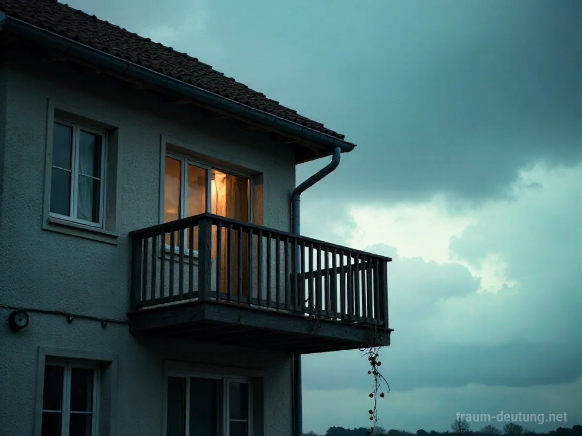 Abgerissener Balkon fällt in sich zusammen, Trümmer fliegen durch die Luft.
