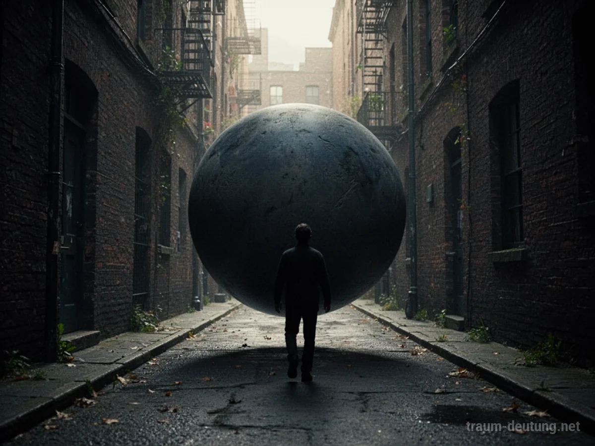 Ein großer, dunkler Ball rollt eine enge Gasse auf eine Silhouette zu.