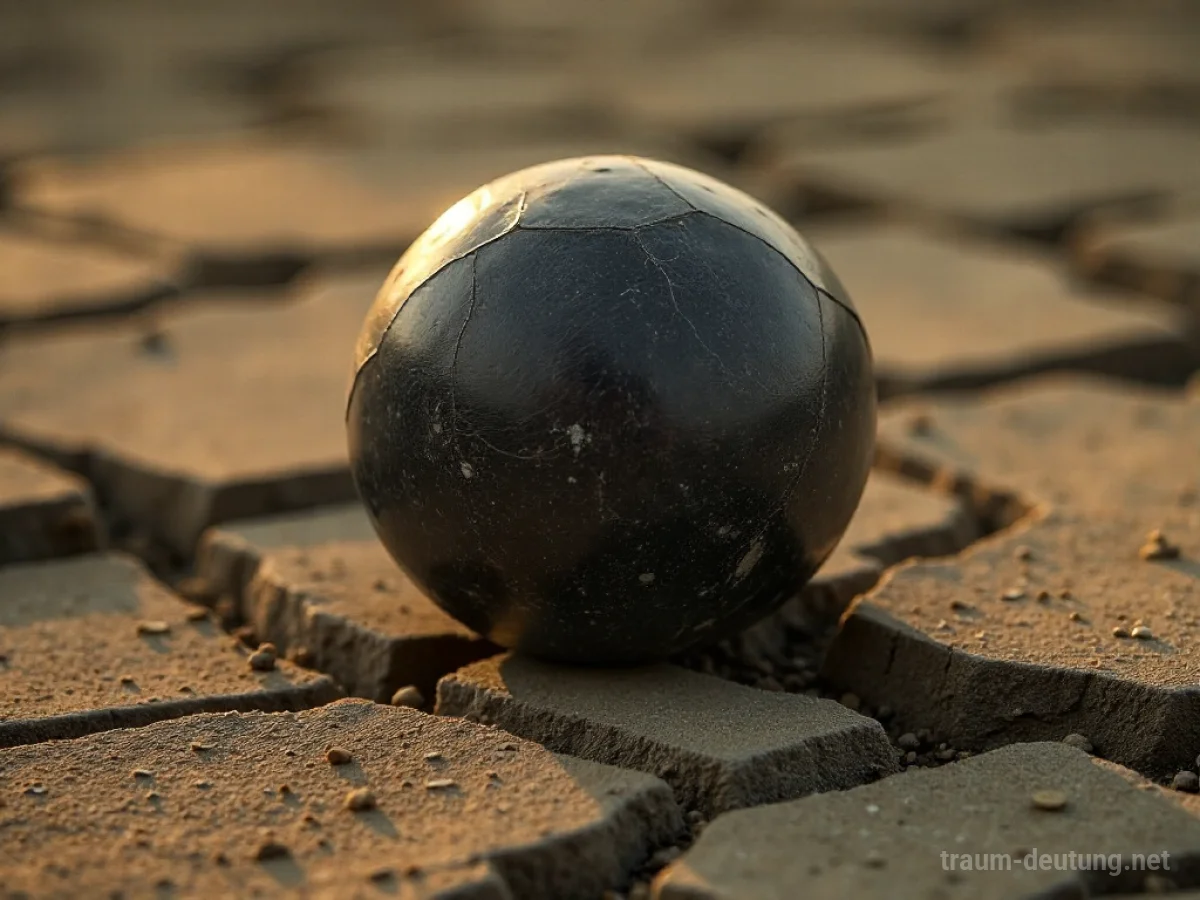 Geplatzter Ball liegt auf trockenem, rissigem Boden.