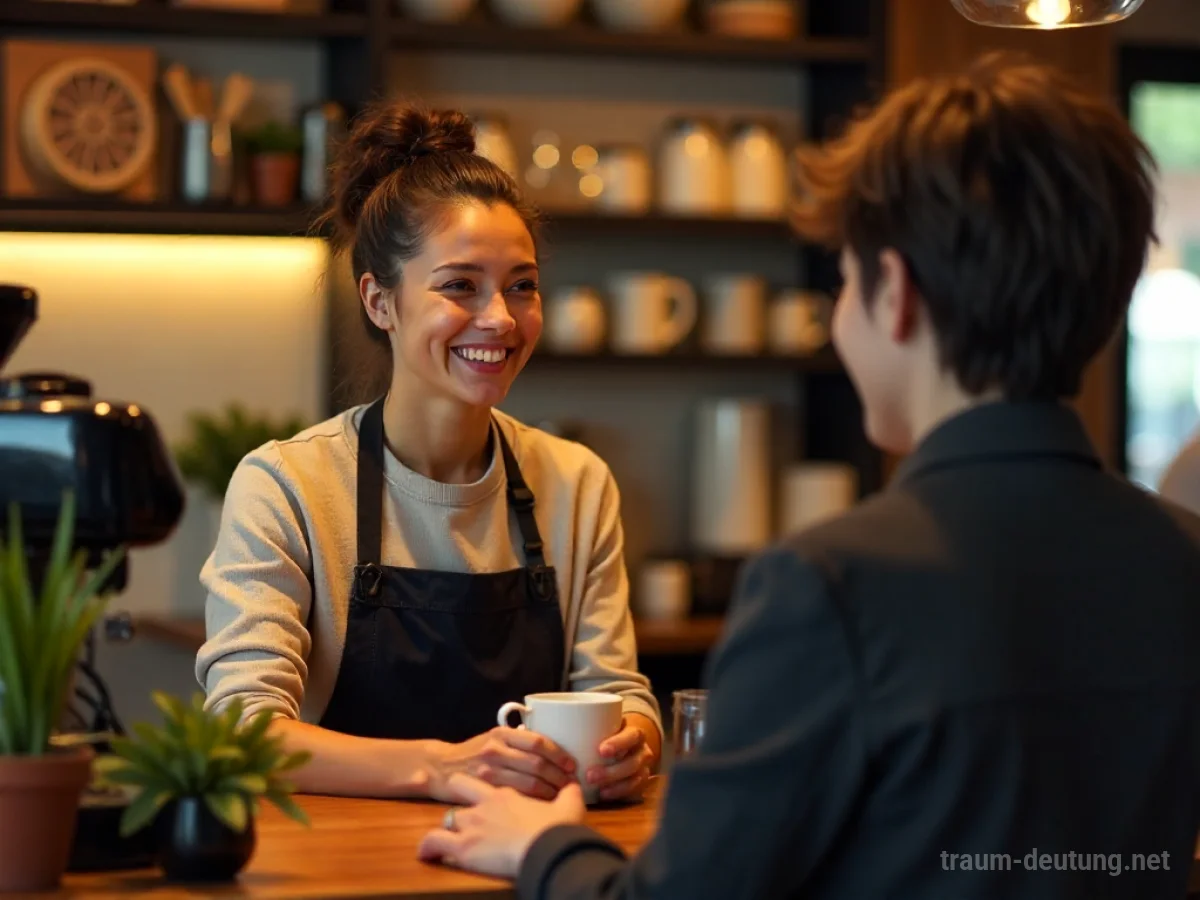Ein Barista lächelt und reicht eine Tasse Kaffee, während er im Traum Rat gibt.