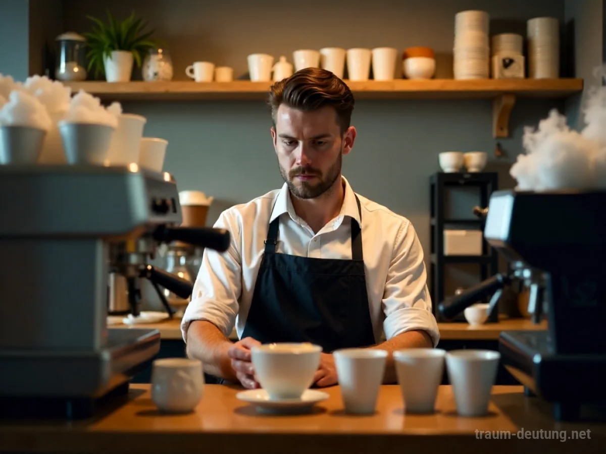 Ein Barista hinter einem überfüllten Tresen in einem Café, viele Kaffeetassen und Dampf.