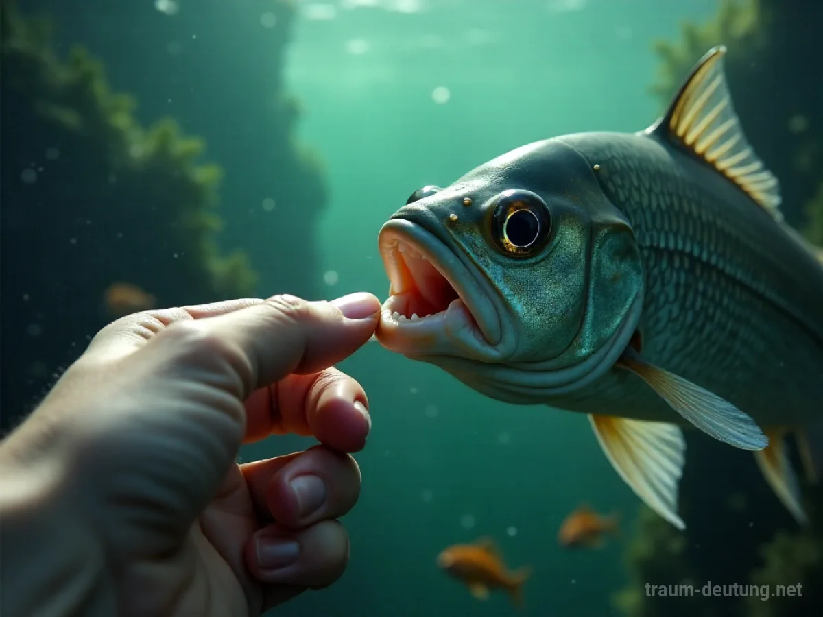 Ein stilisierter Fisch beißt sanft in einen menschlichen Finger unter Wasser.