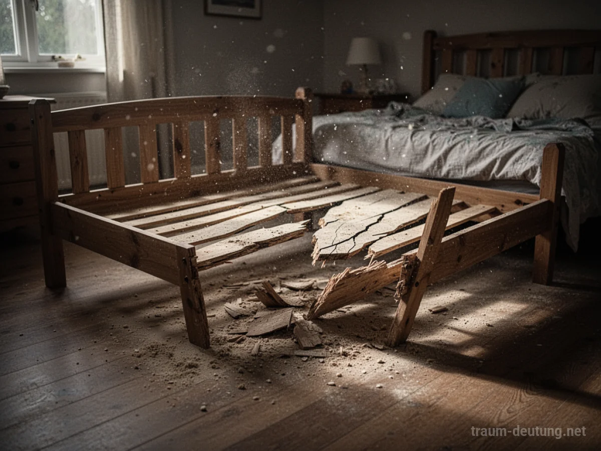Ein zerbrochenes Bett liegt im Schatten eines Schlafraumes.