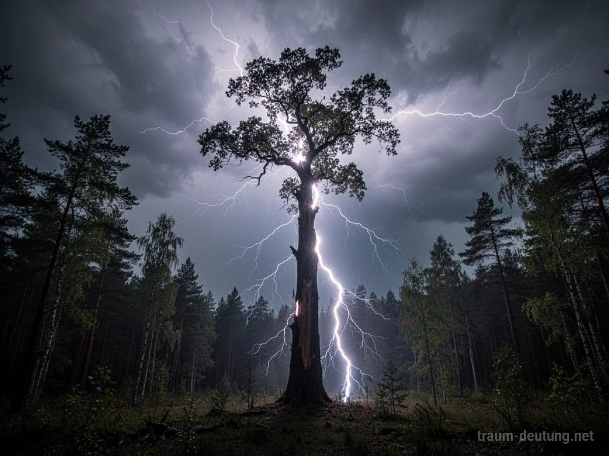 Ein Blitz schlägt in einen großen Baum ein, der von der Energie erhellt wird.