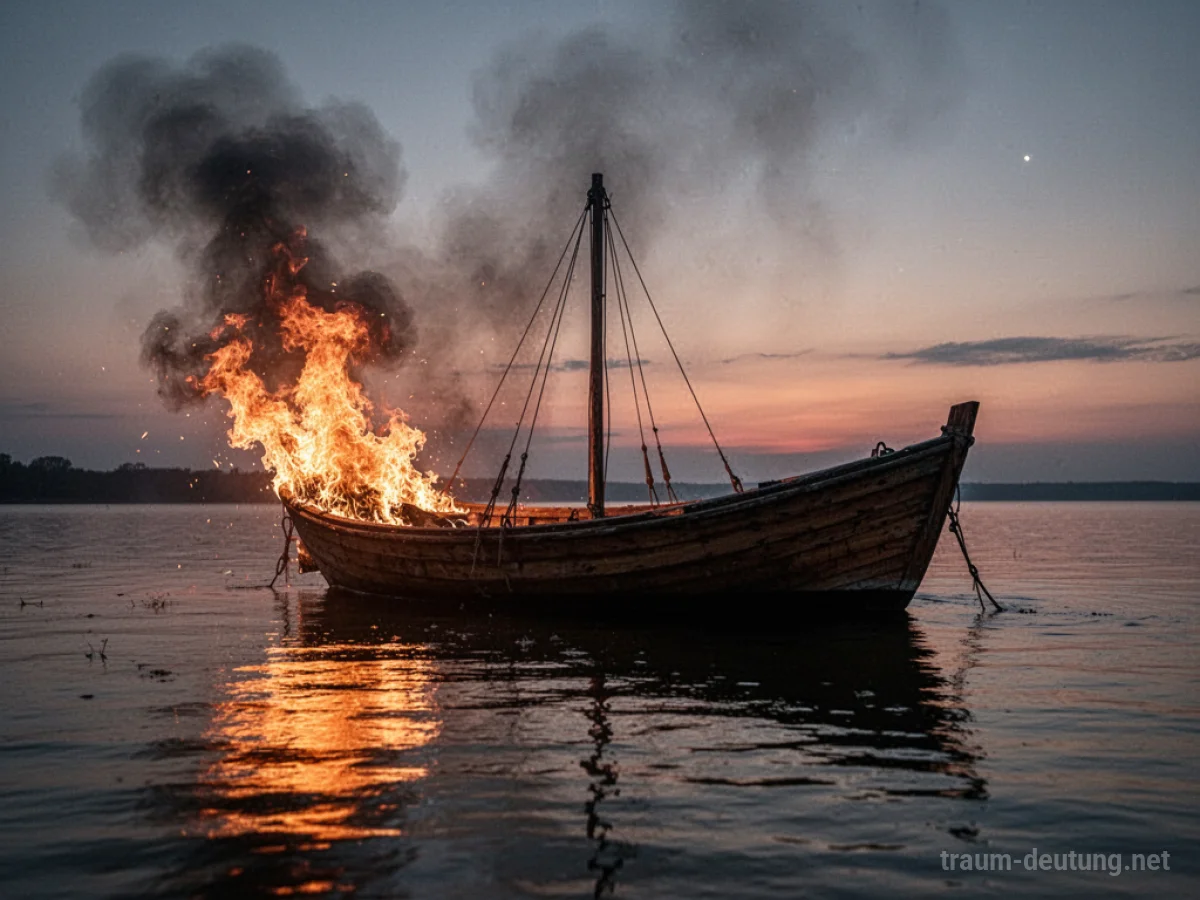Ein brennendes Boot auf ruhigem Wasser bei Dämmerung.
