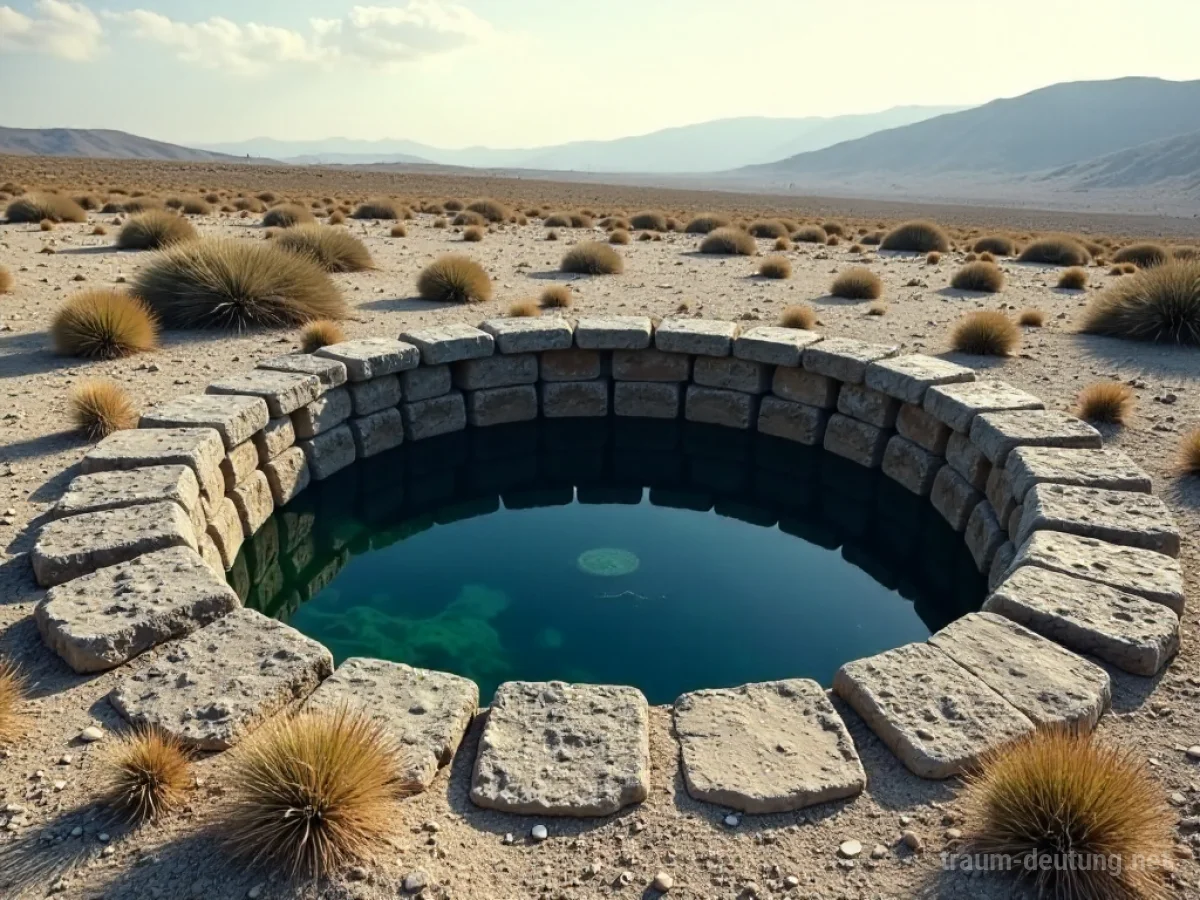 Steinbrunnen in einer einsamen Landschaft, dessen Wasserstand sichtbar tiefer wird.