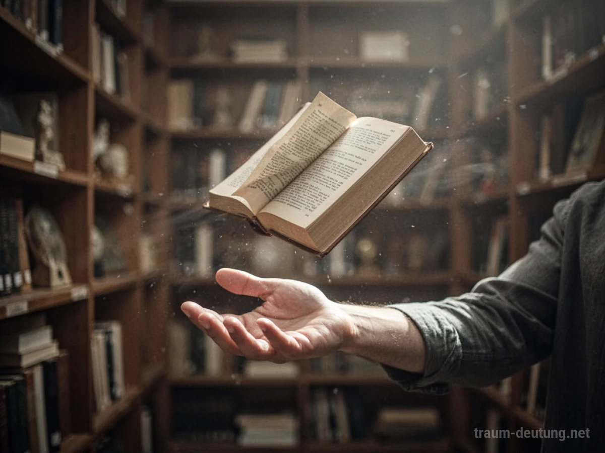 Ein Buch fliegt davon, weg von einer Hand, vor einem Bücherregal.